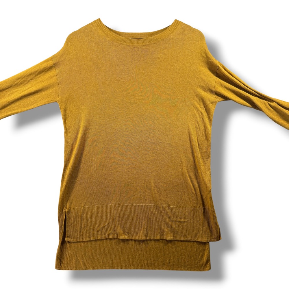 HM Mustard Yellow Fine Knit Crewneck Sweater High Low Hem Small